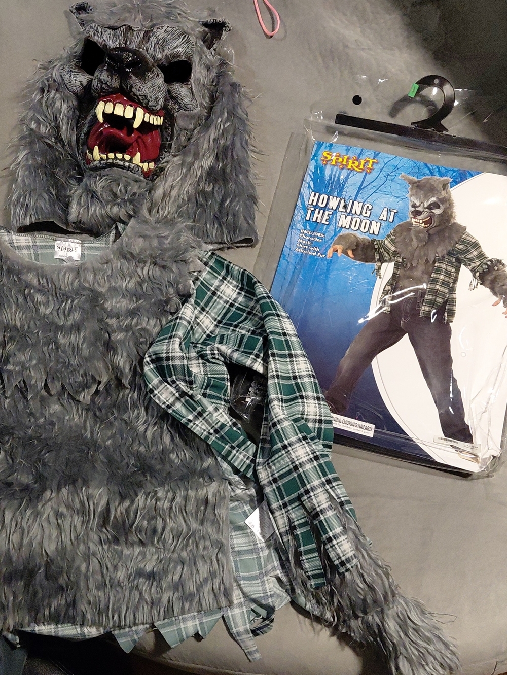 Spirit Grey Faux Fur Werewolf Costume with Green Plaid Shirt